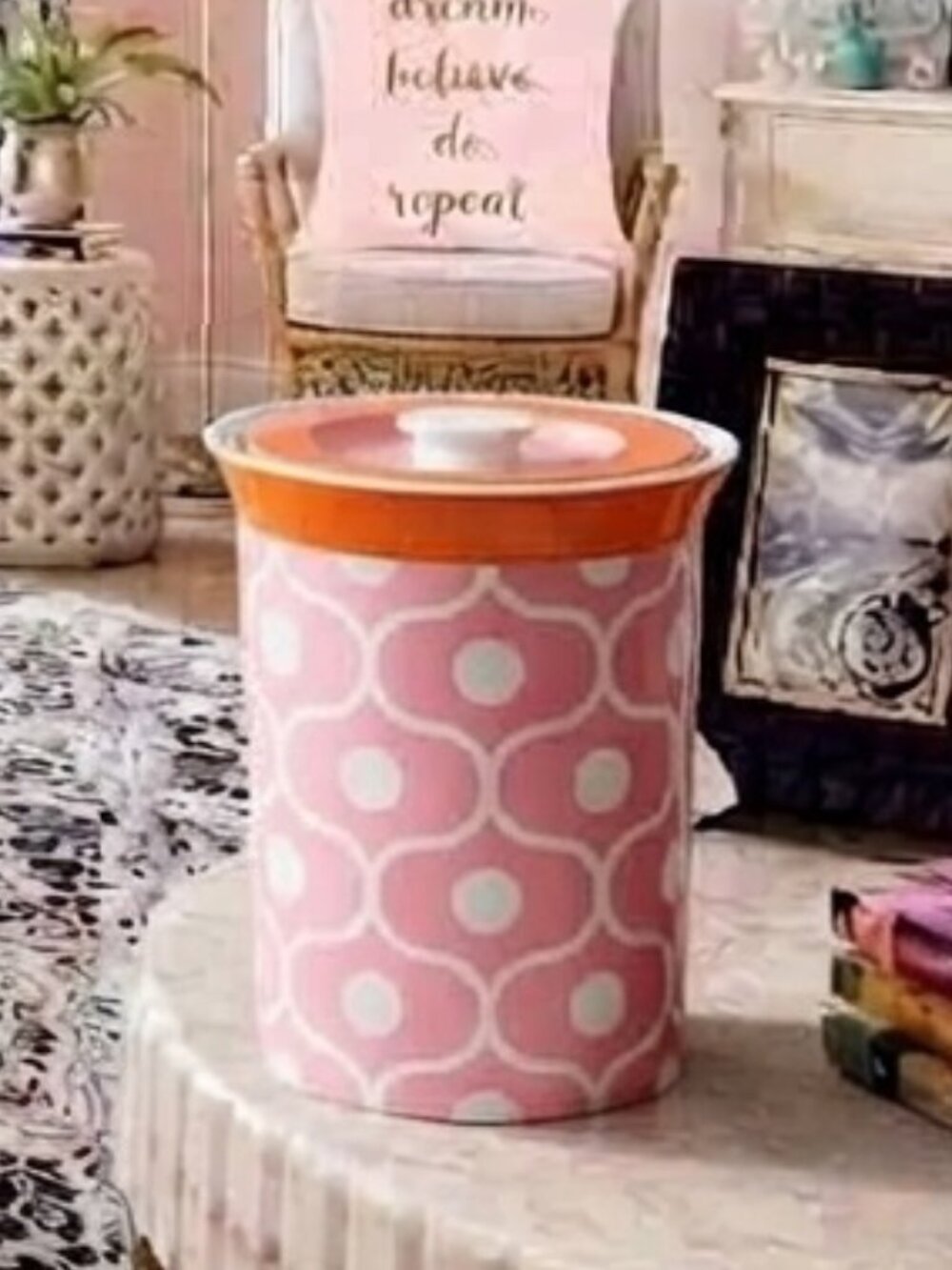 Jonathan Adler Happy Chic Ceramic Canister Pink Orange Retro Geometric WITH LID